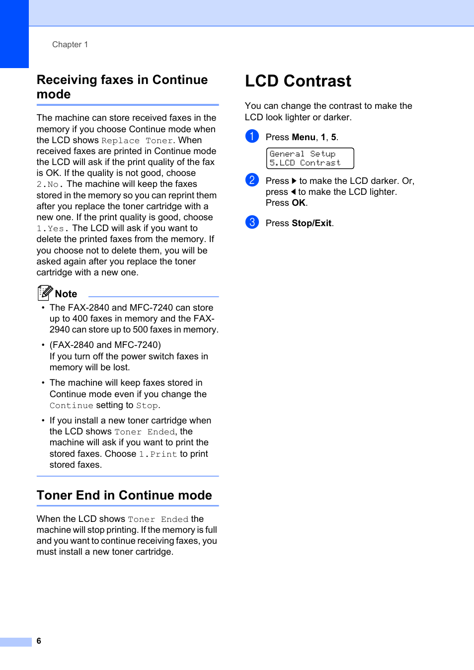 Receiving faxes in continue mode, Toner end in continue mode, Lcd contrast | Brother FAX-2840 User Manual | Page 12 / 72