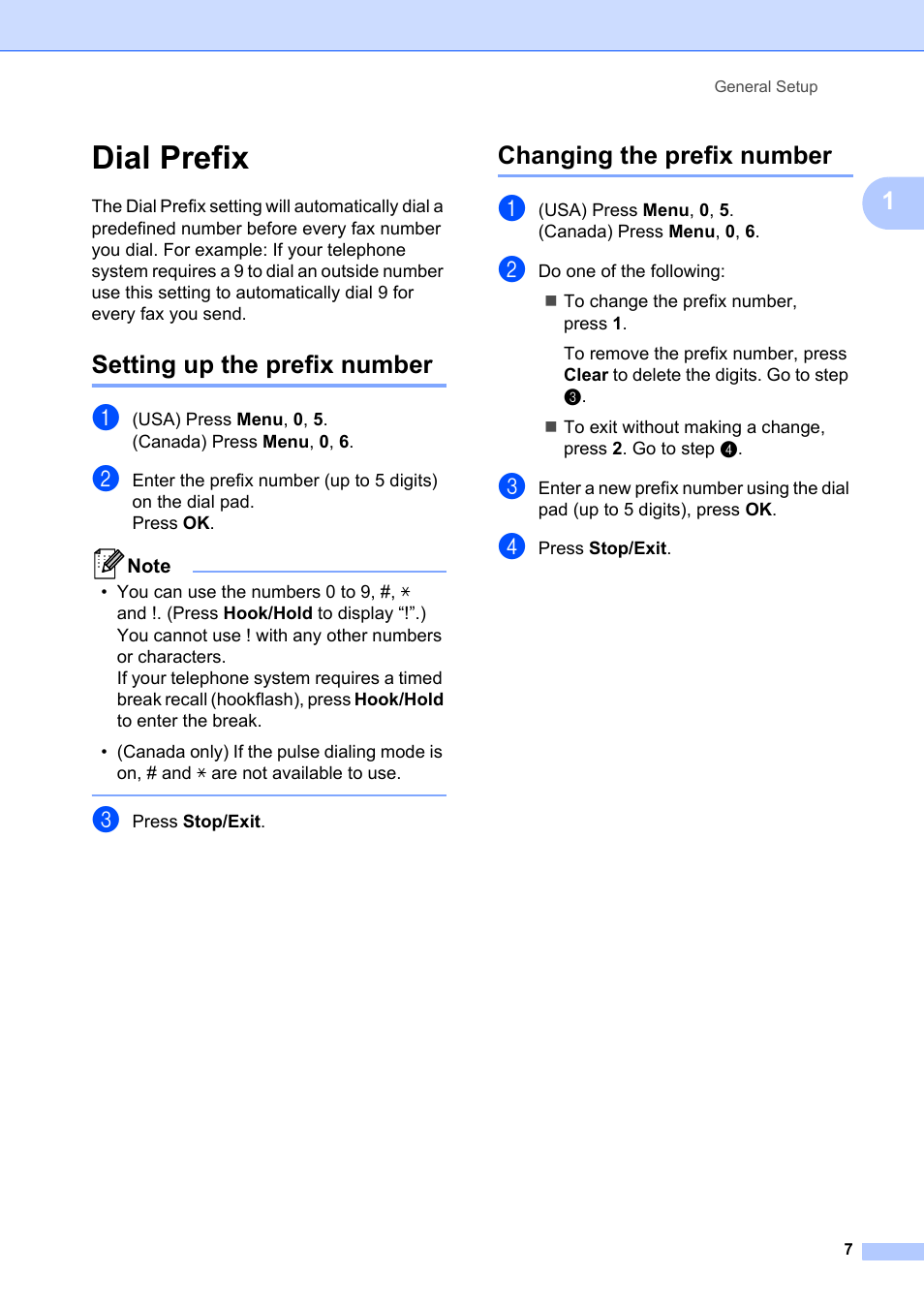 Dial prefix, Setting up the prefix number, Changing the prefix number | Brother FAX-2840 User Manual | Page 13 / 72