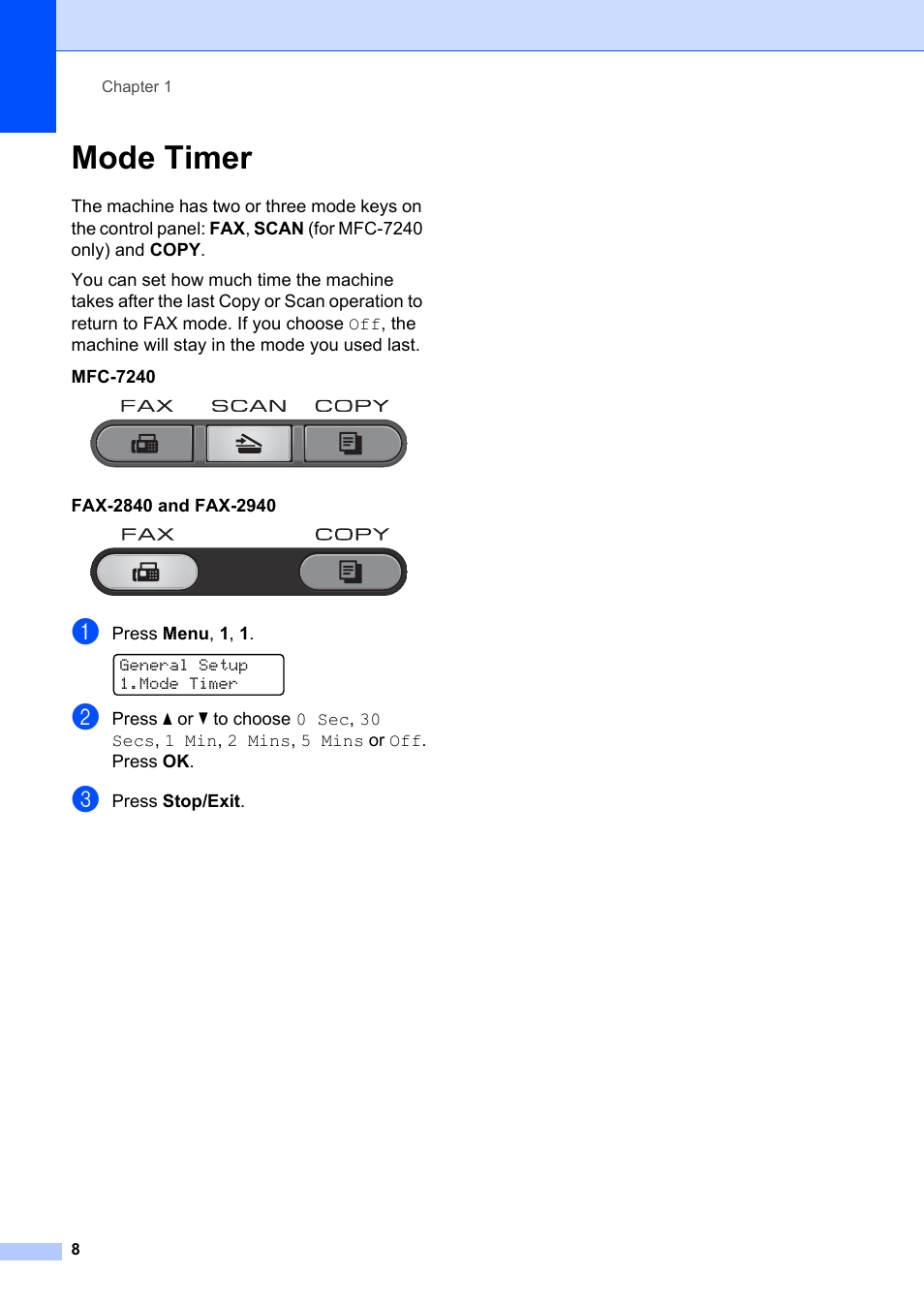 Mode timer | Brother FAX-2840 User Manual | Page 14 / 72