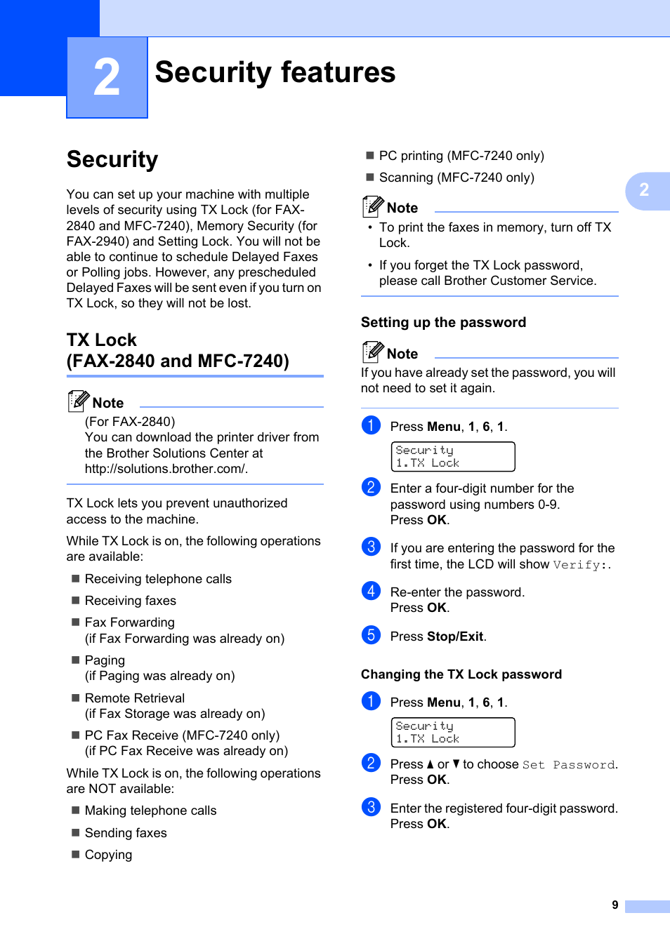 2 security features, Security, Tx lock (fax-2840 and mfc-7240) | Setting up the password, Security features, Tx lock, Fax-2840 and mfc-7240) | Brother FAX-2840 User Manual | Page 15 / 72