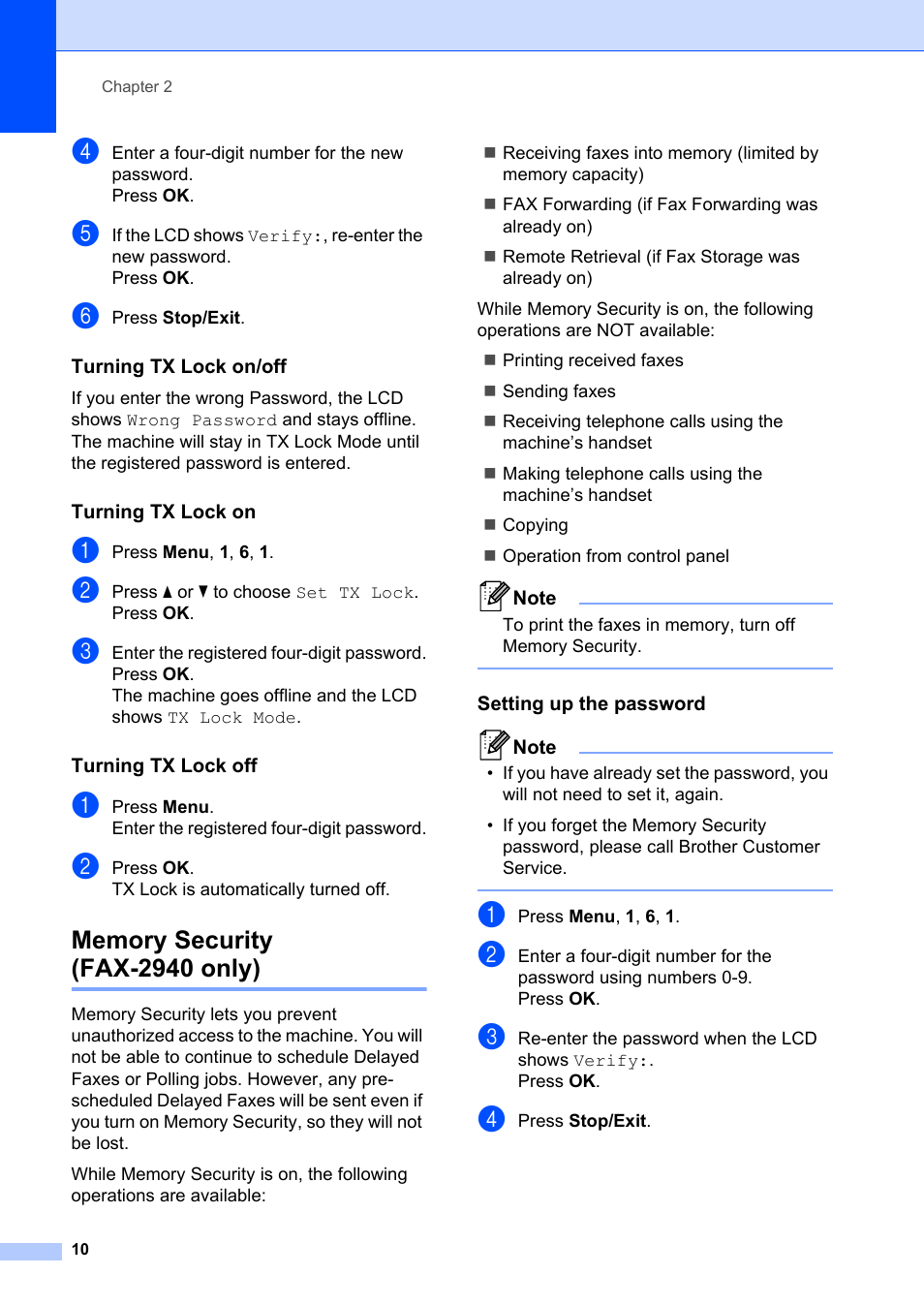 Turning tx lock on/off, Turning tx lock on, Turning tx lock off | Memory security (fax-2940 only), Setting up the password, Memory security, Fax-2940 only) | Brother FAX-2840 User Manual | Page 16 / 72