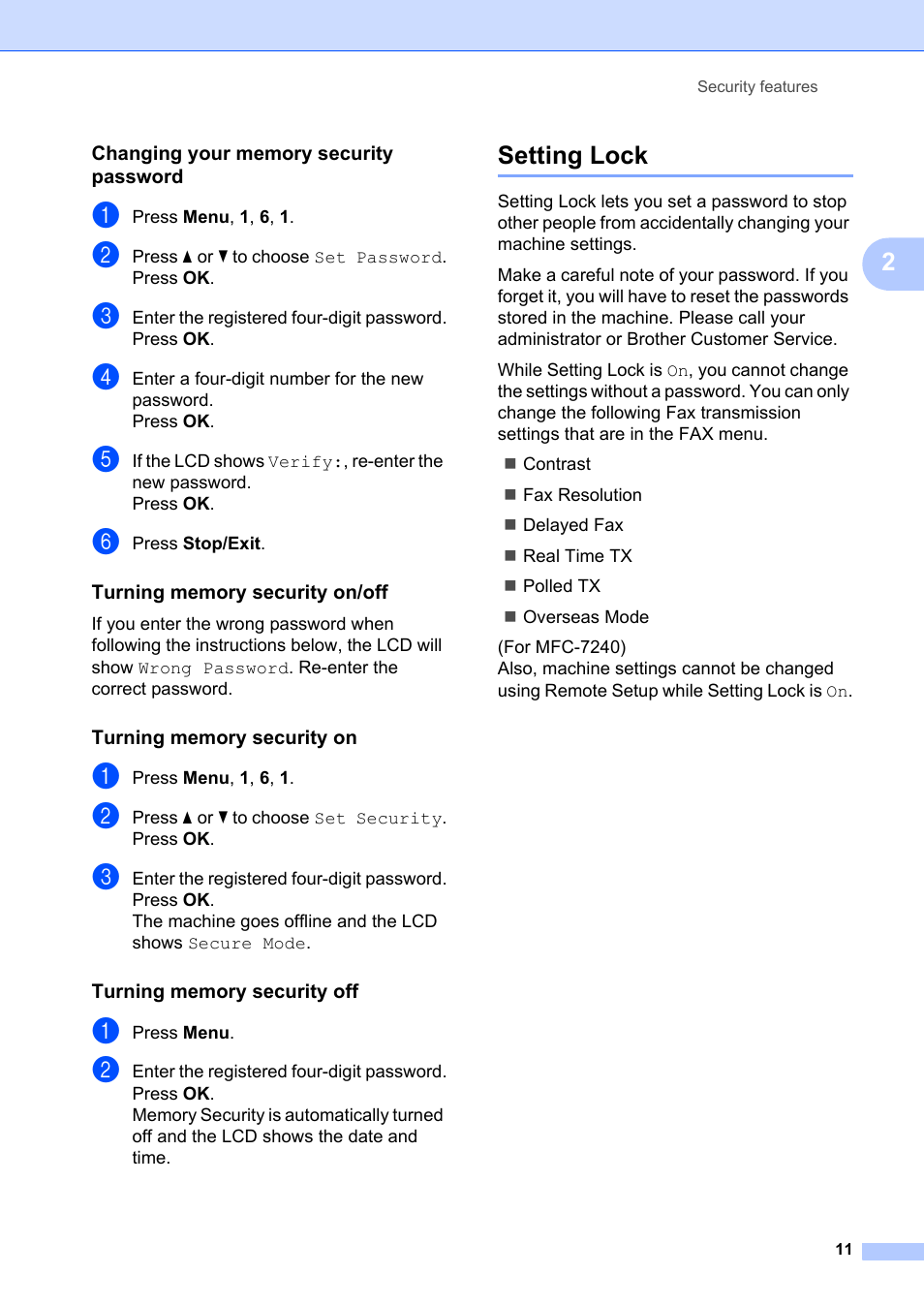 Changing your memory security password, Turning memory security on/off, Turning memory security on | Turning memory security off, Setting lock | Brother FAX-2840 User Manual | Page 17 / 72