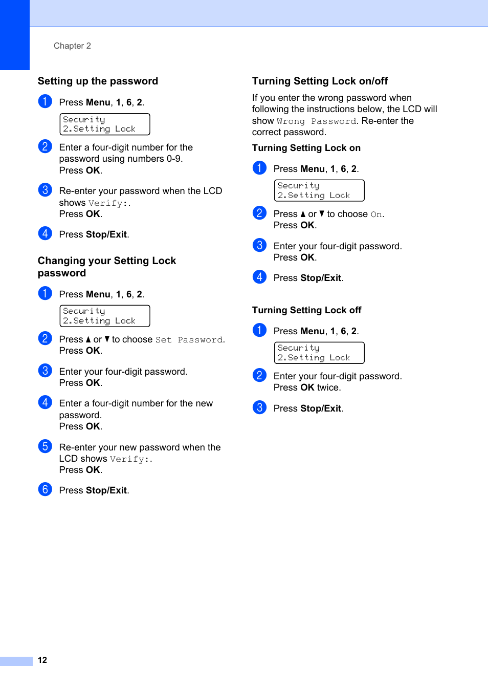 Setting up the password, Changing your setting lock password, Turning setting lock on/off | Brother FAX-2840 User Manual | Page 18 / 72