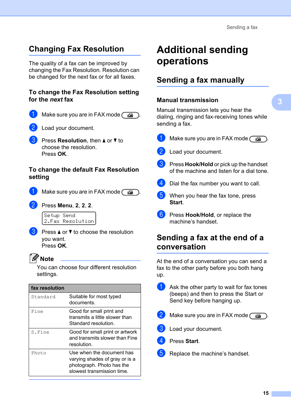 Changing fax resolution, To change the default fax resolution setting, Additional sending operations | Sending a fax manually, Manual transmission, Sending a fax at the end of a conversation, 3changing fax resolution | Brother FAX-2840 User Manual | Page 21 / 72