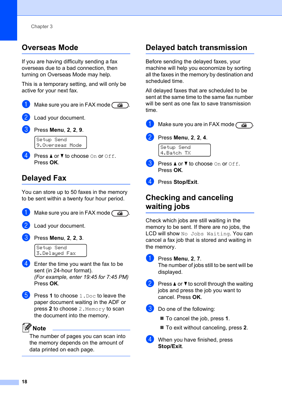 Overseas mode, Delayed fax, Delayed batch transmission | Checking and canceling waiting jobs | Brother FAX-2840 User Manual | Page 24 / 72