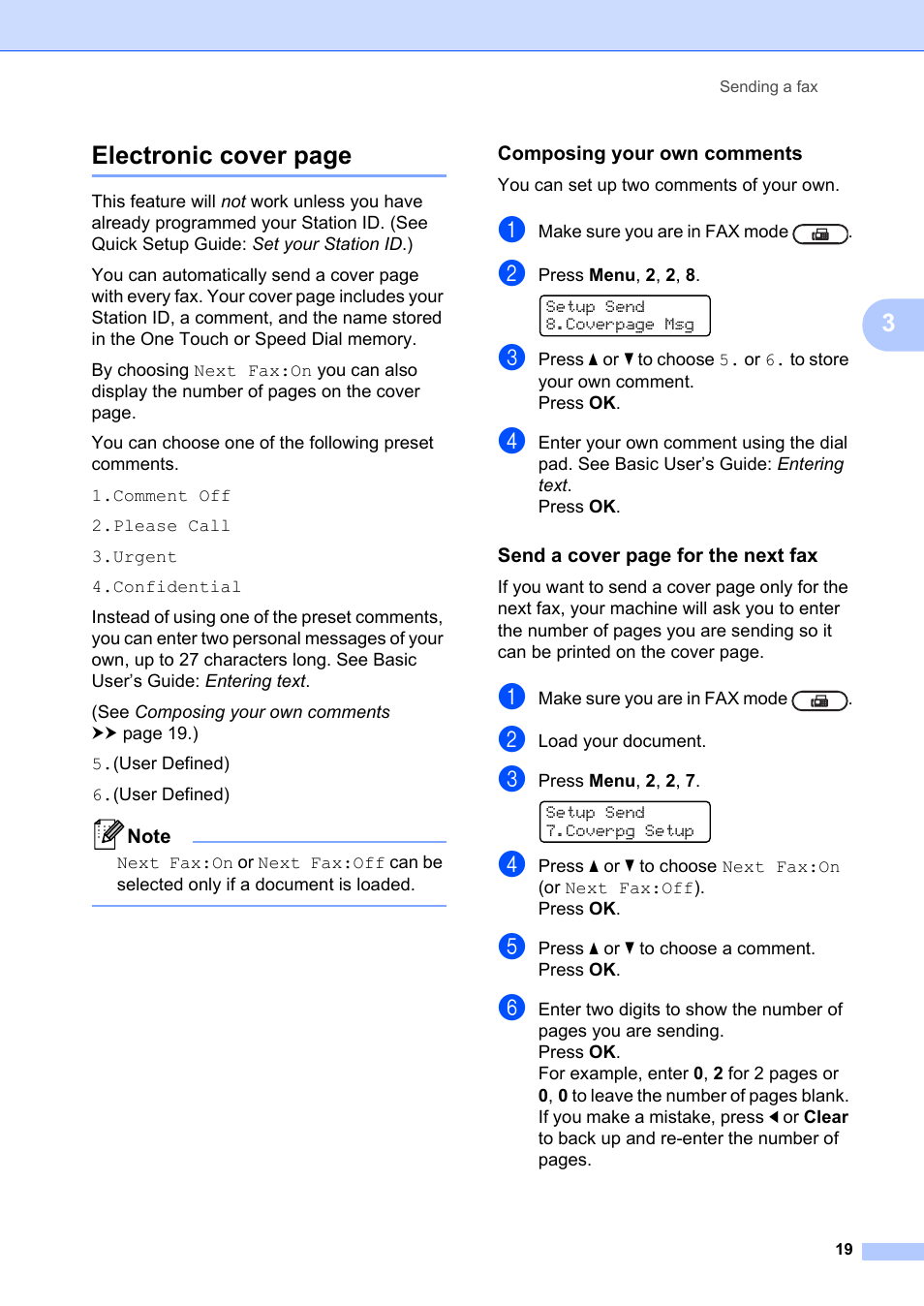 Composing your own comments, 3electronic cover page | Brother FAX-2840 User Manual | Page 25 / 72