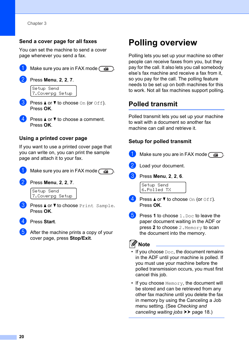 Polling overview, Polled transmit, Setup for polled transmit | Brother FAX-2840 User Manual | Page 26 / 72