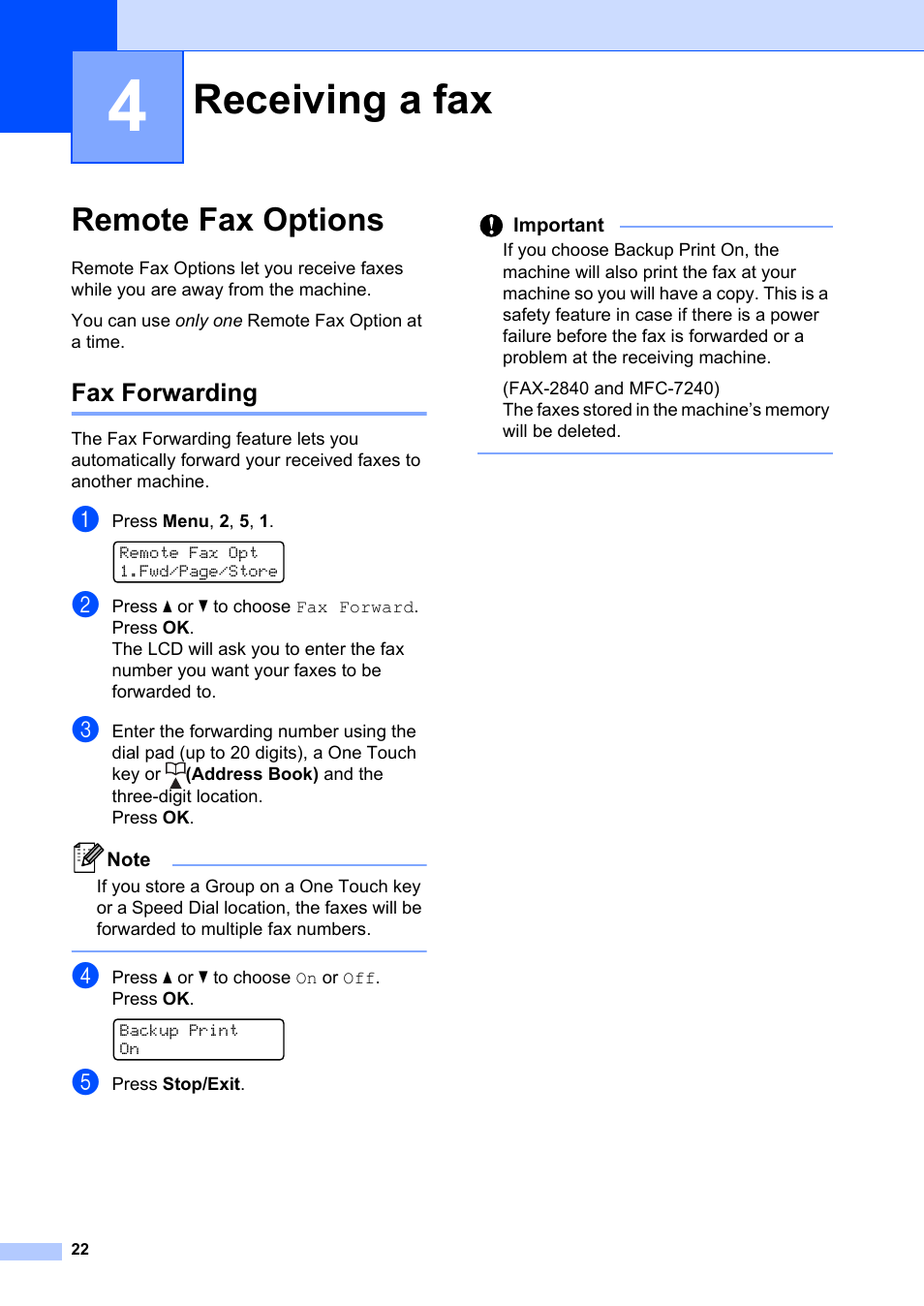 4 receiving a fax, Remote fax options, Fax forwarding | Receiving a fax | Brother FAX-2840 User Manual | Page 28 / 72