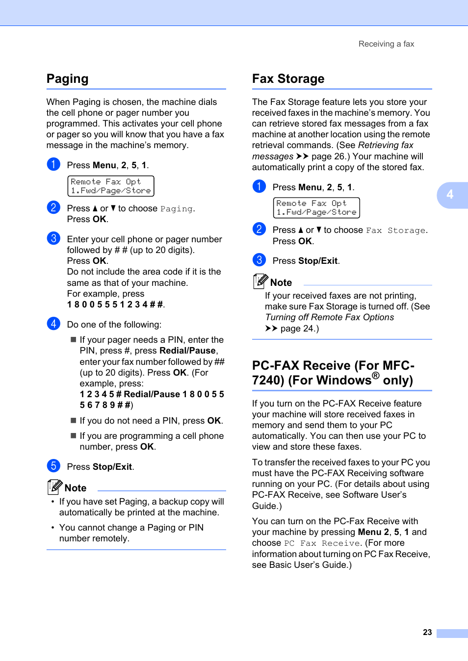 Paging, Fax storage, Pc-fax receive (for mfc- 7240) (for windows® only) | Only), 4paging, Pc-fax receive (for mfc- 7240) (for windows | Brother FAX-2840 User Manual | Page 29 / 72