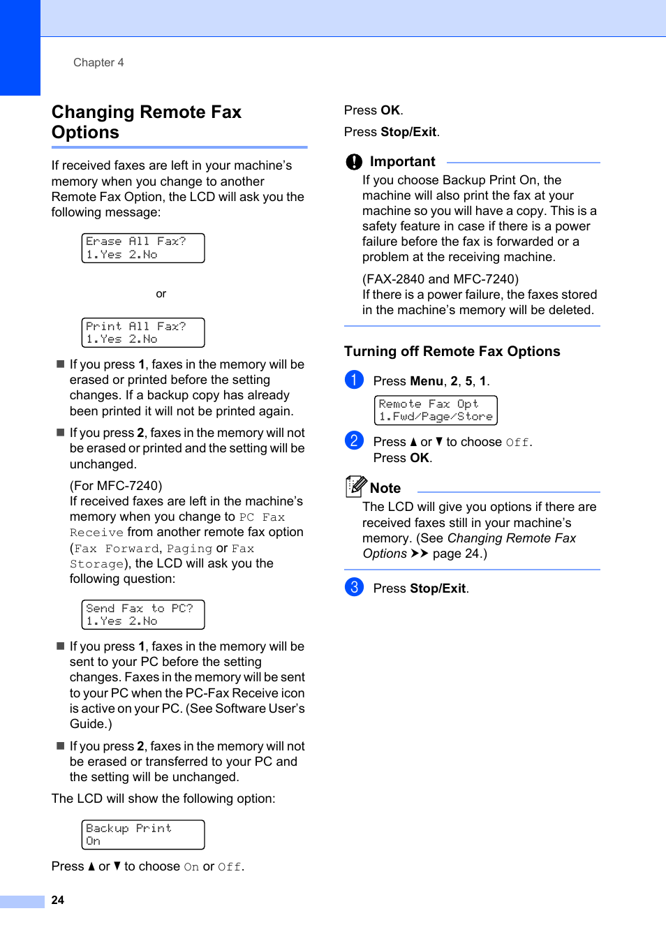 Changing remote fax options, Turning off remote fax options, Important | Brother FAX-2840 User Manual | Page 30 / 72