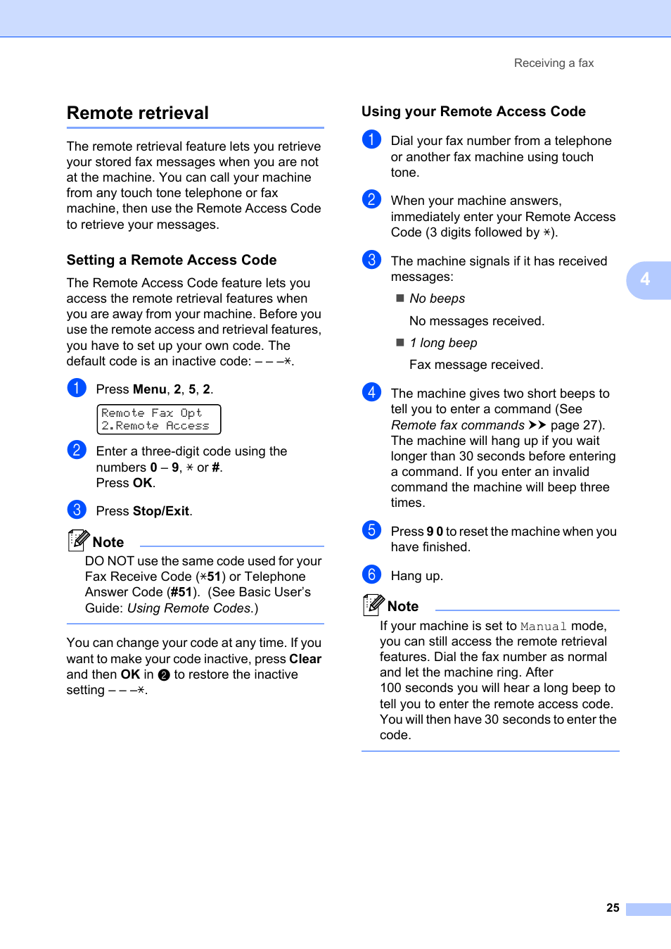 Remote retrieval, Setting a remote access code, Using your remote access code | 4remote retrieval | Brother FAX-2840 User Manual | Page 31 / 72