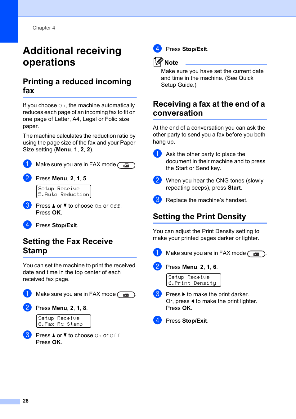 Additional receiving operations, Printing a reduced incoming fax, Setting the fax receive stamp | Receiving a fax at the end of a conversation, Setting the print density | Brother FAX-2840 User Manual | Page 34 / 72