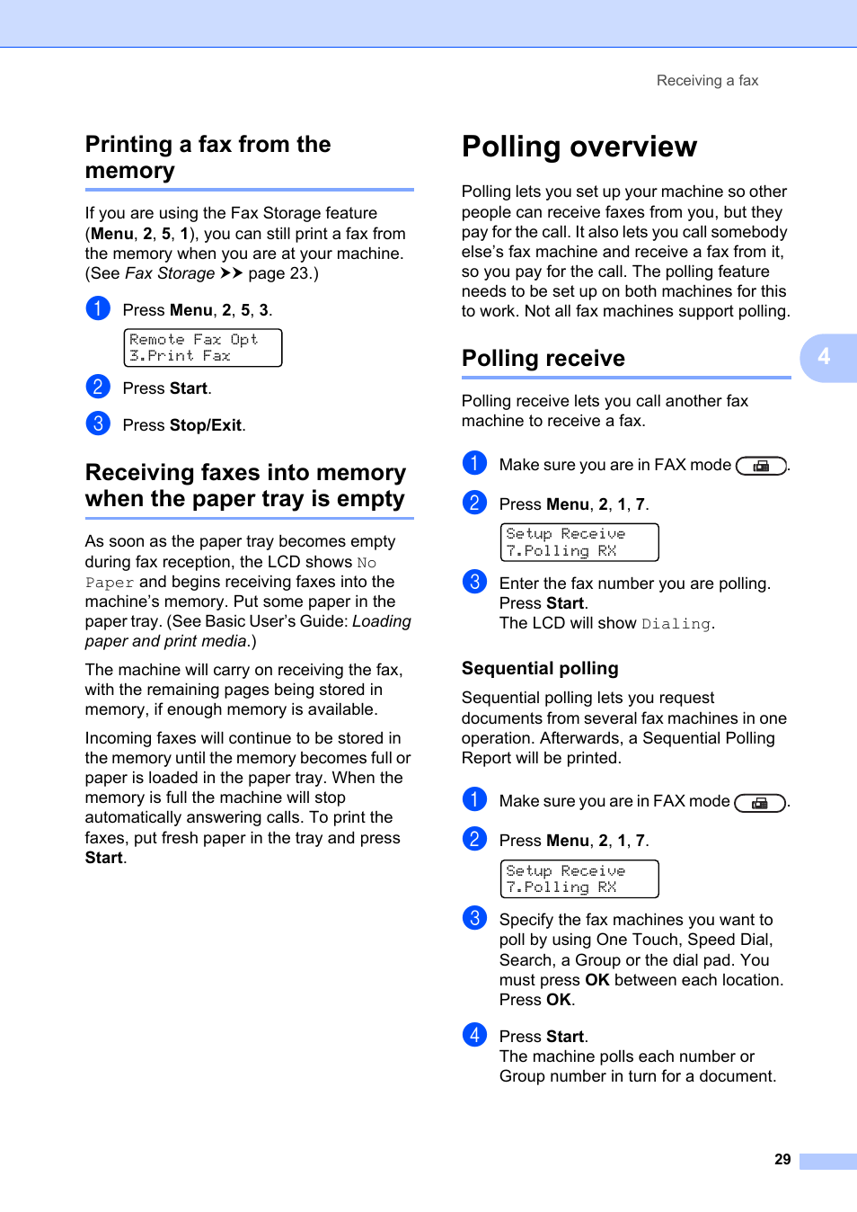 Printing a fax from the memory, Polling overview, Polling receive | Sequential polling | Brother FAX-2840 User Manual | Page 35 / 72