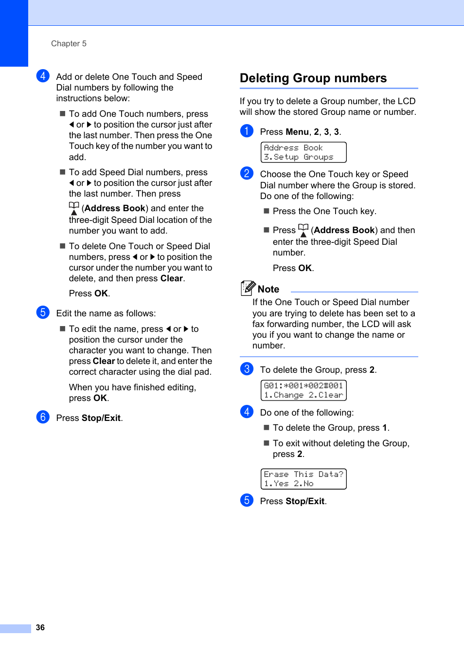 Deleting group numbers | Brother FAX-2840 User Manual | Page 42 / 72