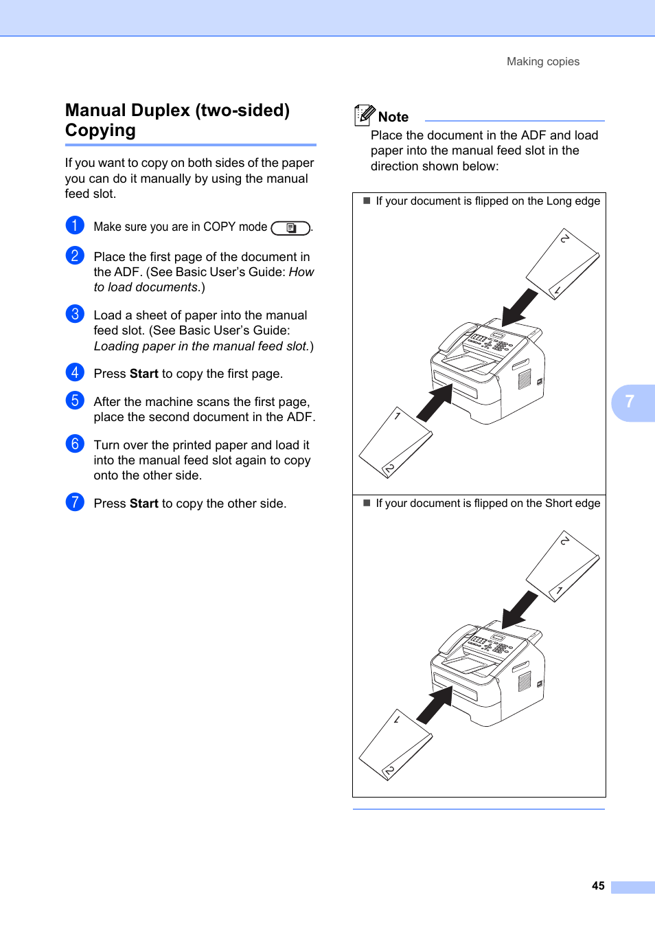 Manual duplex (two-sided) copying, 7manual duplex (two-sided) copying | Brother FAX-2840 User Manual | Page 51 / 72