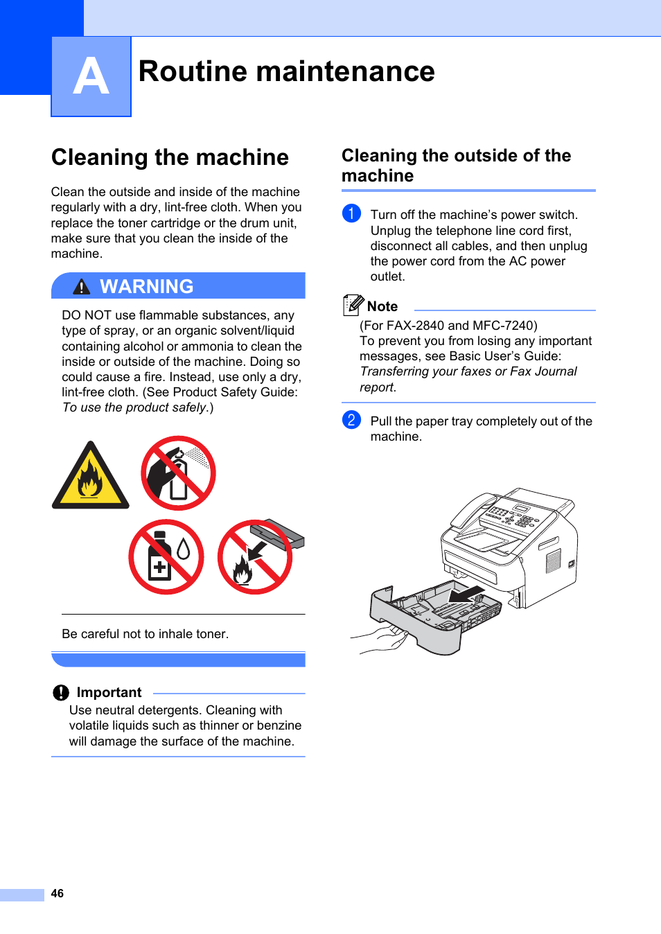 A routine maintenance, Cleaning the machine, Cleaning the outside of the machine | Routine maintenance, Warning | Brother FAX-2840 User Manual | Page 52 / 72