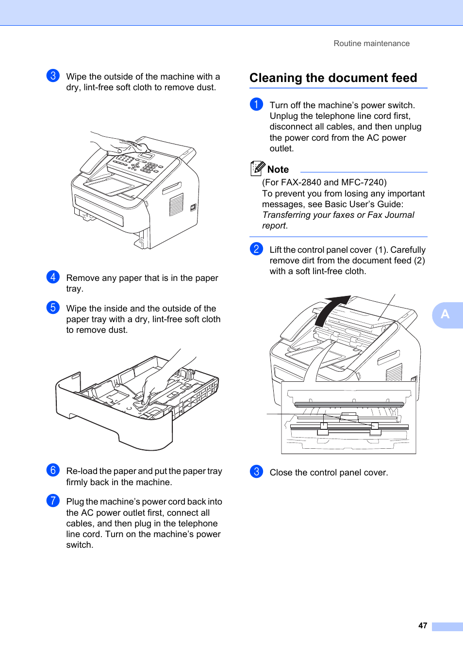 Cleaning the document feed | Brother FAX-2840 User Manual | Page 53 / 72