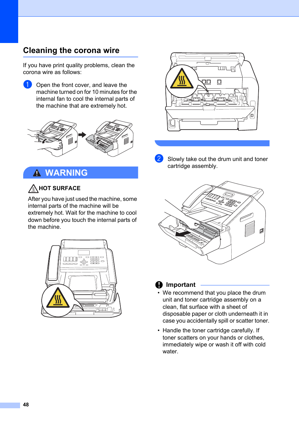 Cleaning the corona wire, Warning, Important | Brother FAX-2840 User Manual | Page 54 / 72