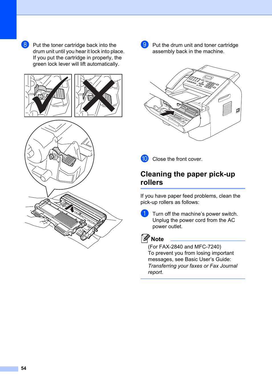 Cleaning the paper pick-up rollers | Brother FAX-2840 User Manual | Page 60 / 72