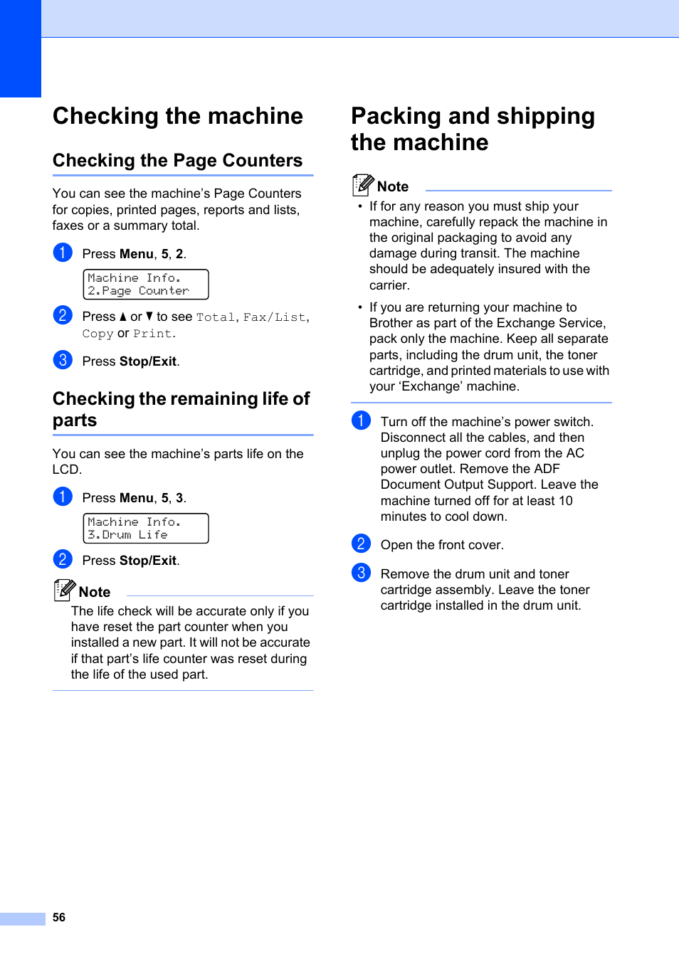 Checking the machine, Checking the remaining life of parts, Packing and shipping the machine | Checking the page counters | Brother FAX-2840 User Manual | Page 62 / 72