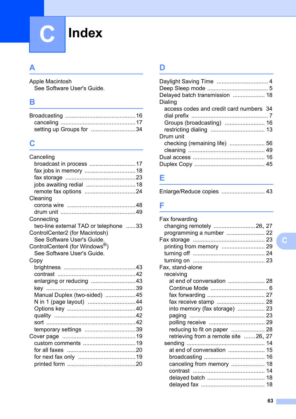 Index | Brother FAX-2840 User Manual | Page 69 / 72