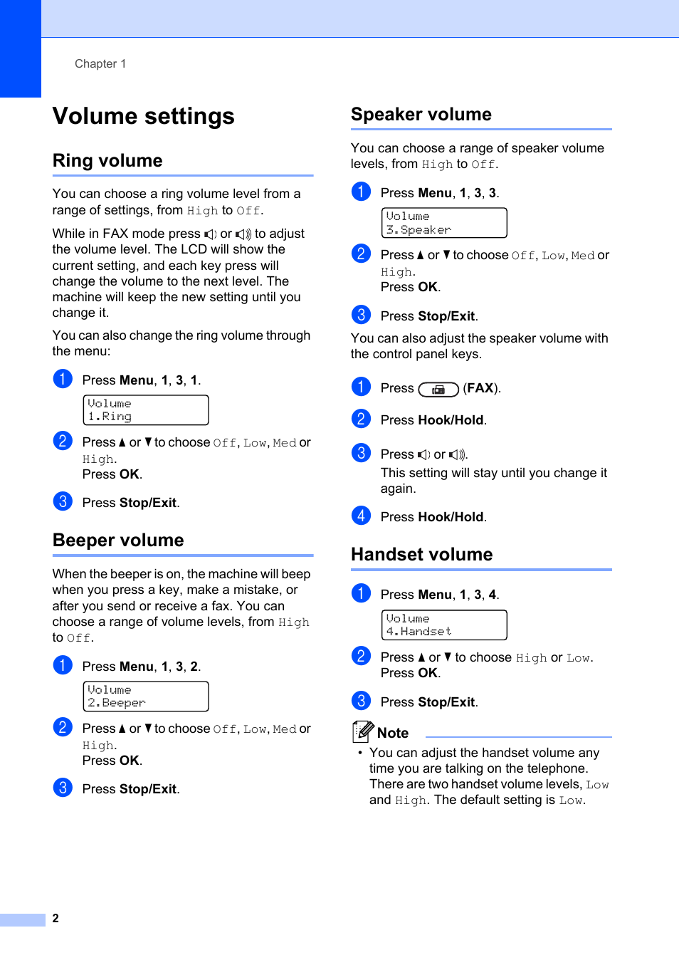 Volume settings, Ring volume, Beeper volume | Speaker volume, Handset volume | Brother FAX-2840 User Manual | Page 8 / 72