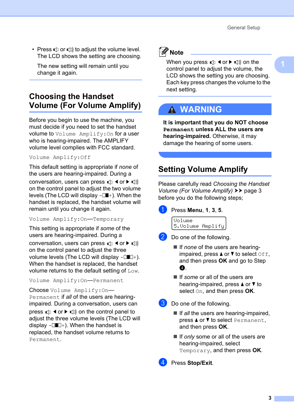 Choosing the handset volume (for volume amplify), Setting volume amplify, Warning | Brother FAX-2840 User Manual | Page 9 / 72