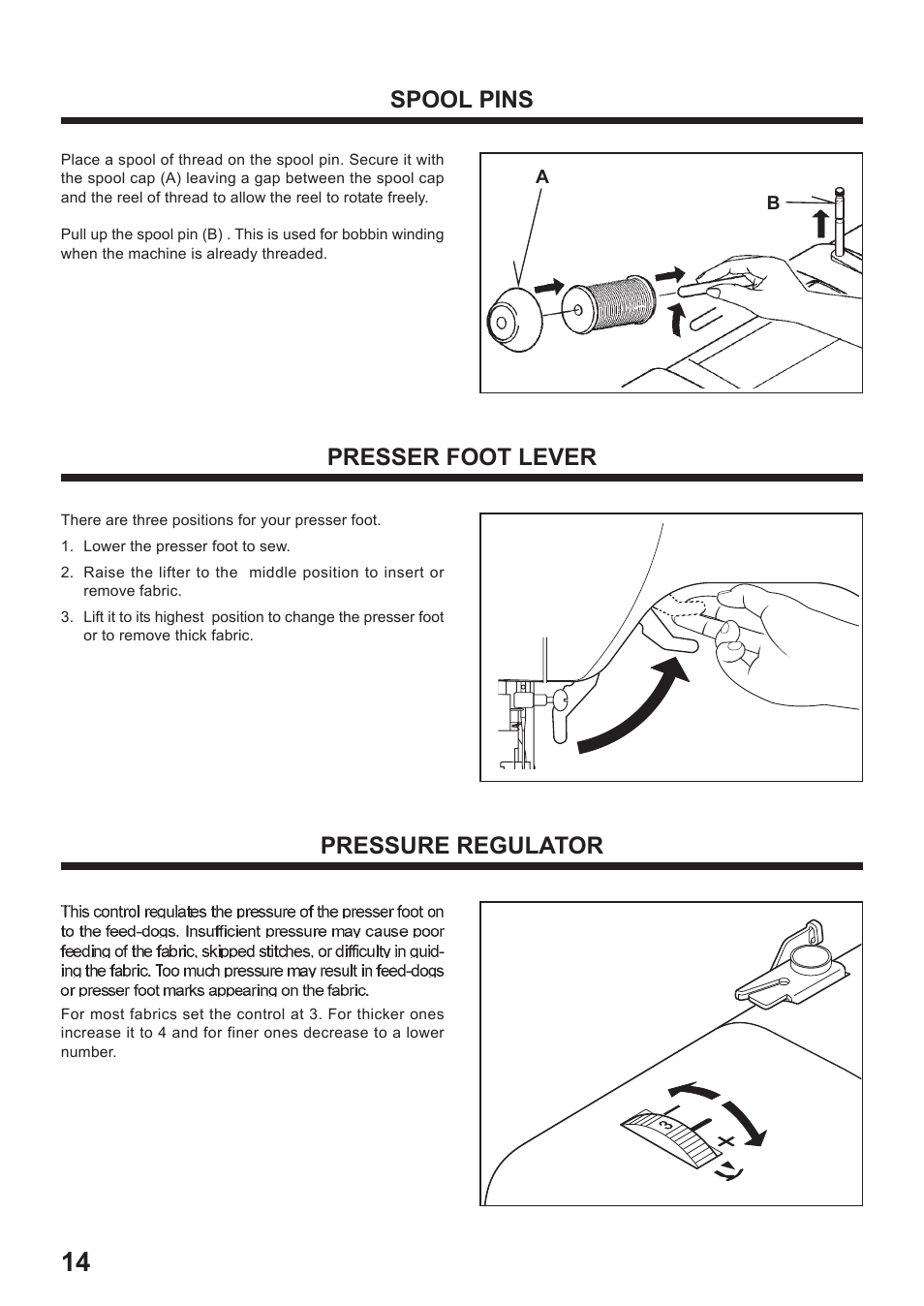 Spool pins, Presser foot lever, Pressure regulator | Juki HZL-35Z User Manual | Page 14 / 76