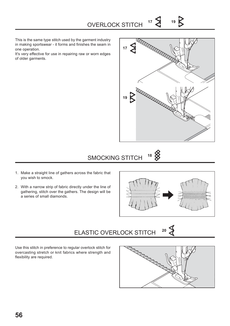 Overlock stitch, Smocking stitch, Elastic overlock stitch | Juki HZL-35Z User Manual | Page 56 / 76