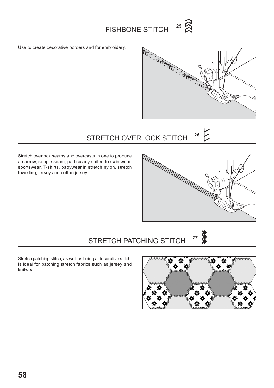 Fishbone stitch, Stretch overlock stitch, Stretch patching stitch | Juki HZL-35Z User Manual | Page 58 / 76