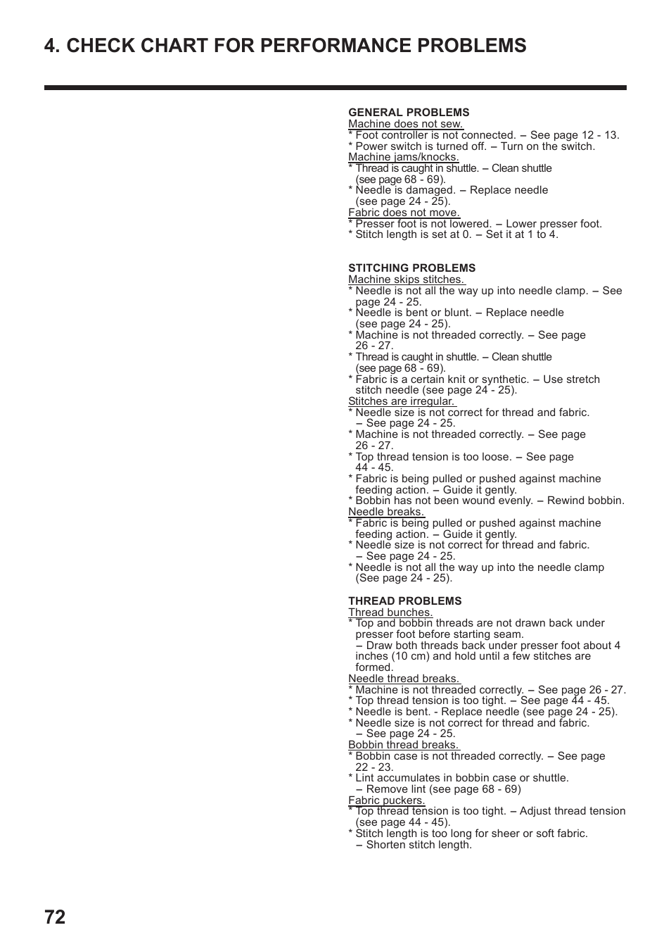 Check chart for performance problems | Juki HZL-35Z User Manual | Page 72 / 76