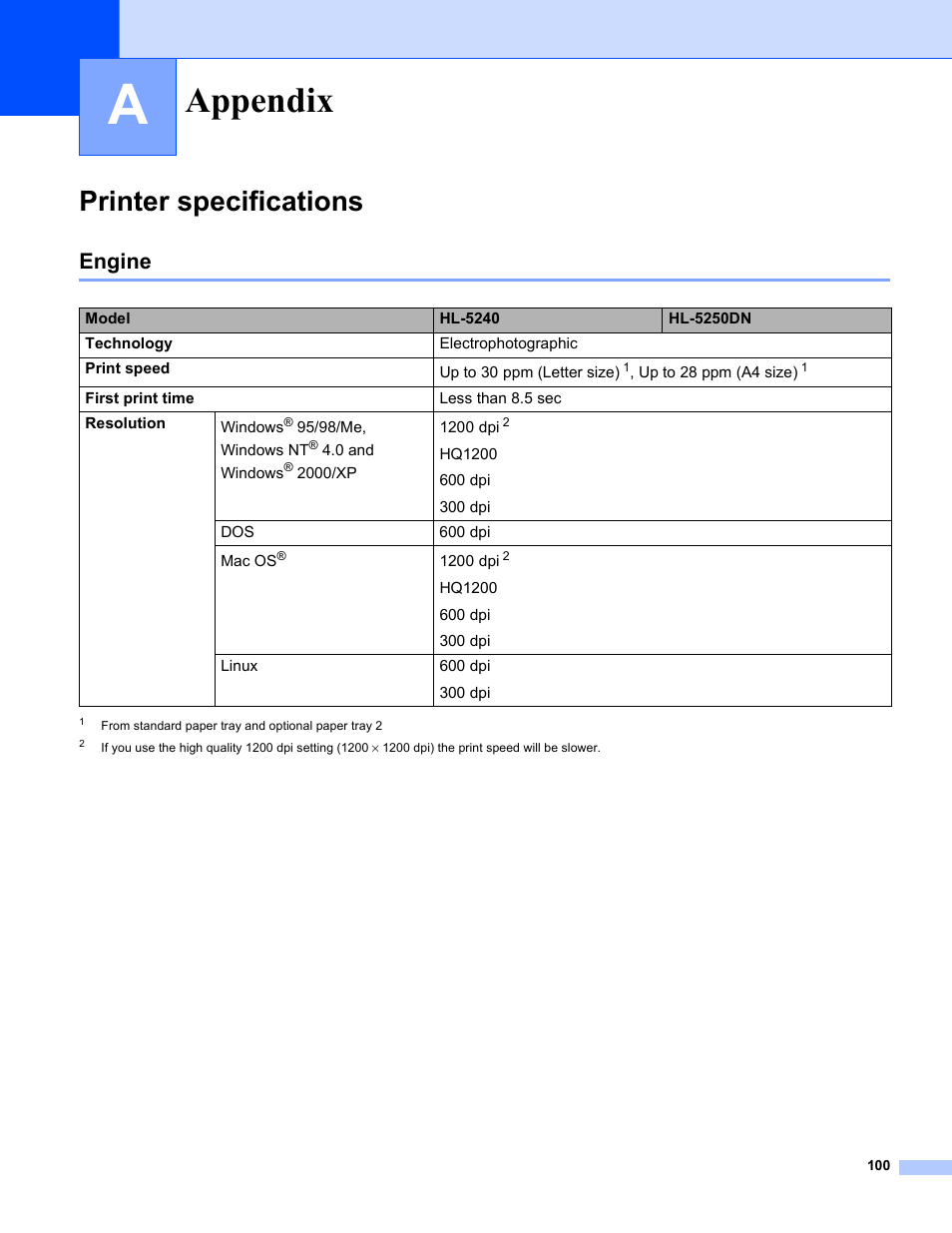 Appendix a, Printer specifications, Engine | Appendix | Brother HL-5240 User Manual | Page 108 / 138