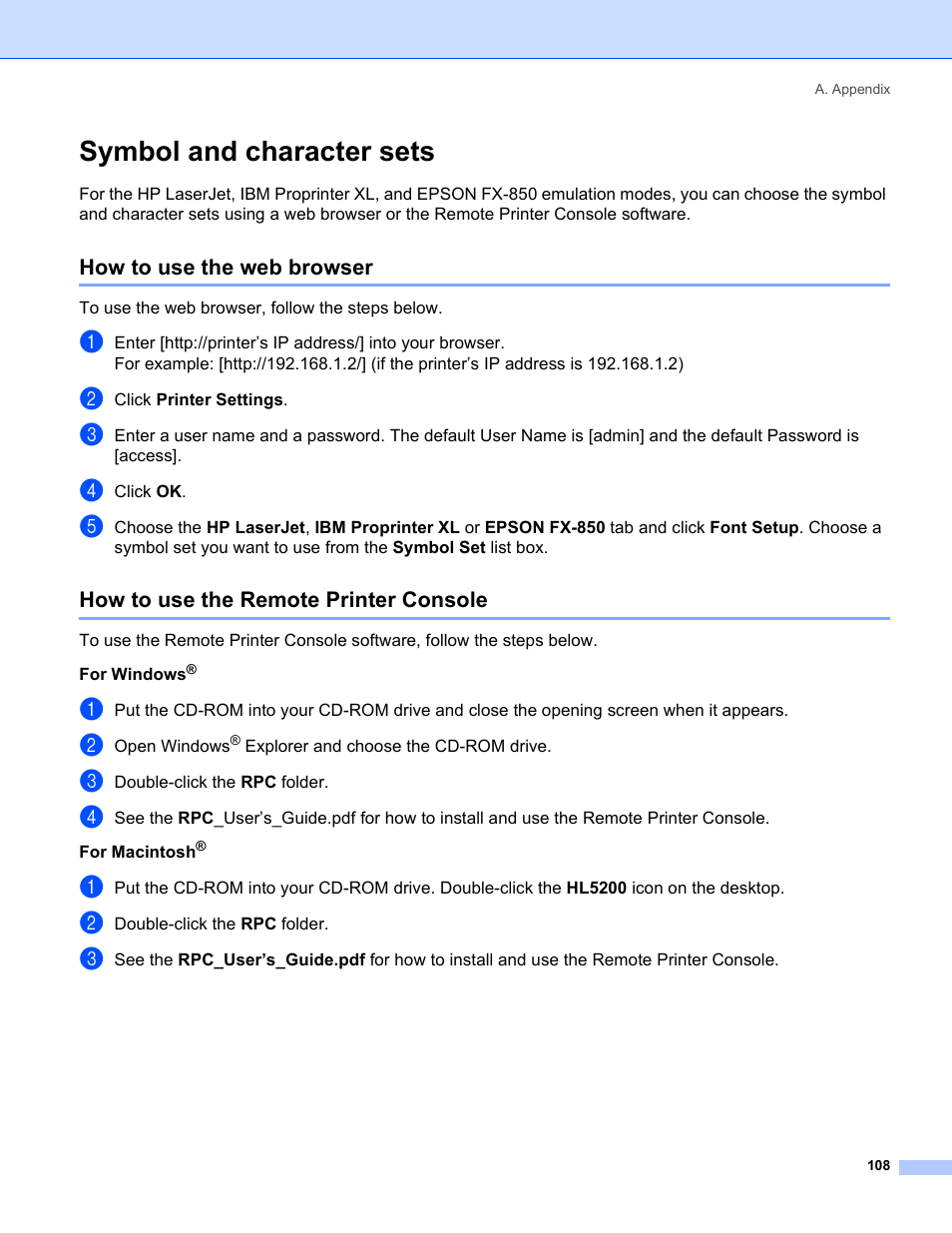 Symbol and character sets, How to use the web browser, How to use the remote printer console | Brother HL-5240 User Manual | Page 116 / 138