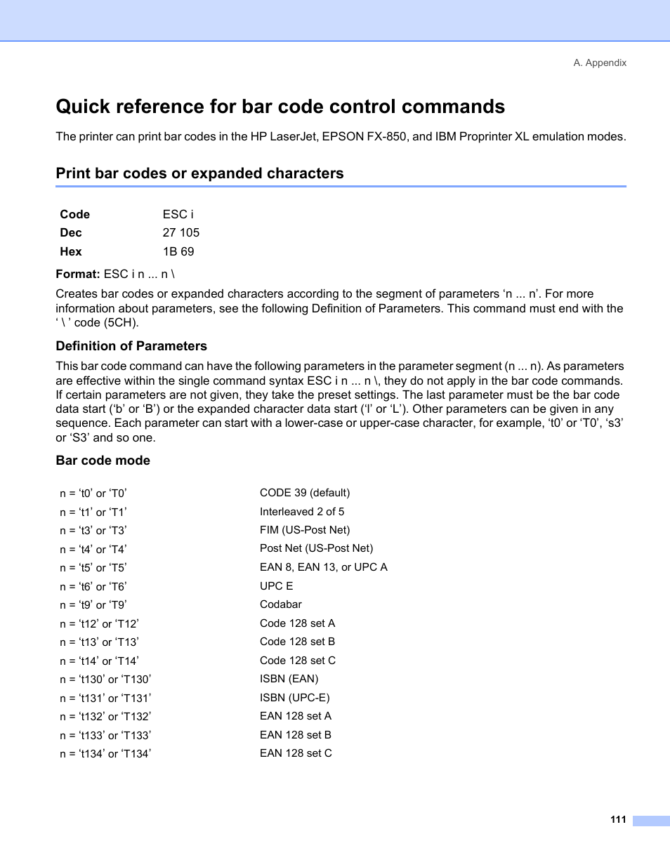 Quick reference for bar code control commands, Print bar codes or expanded characters, Definition of parameters | Bar code mode | Brother HL-5240 User Manual | Page 119 / 138