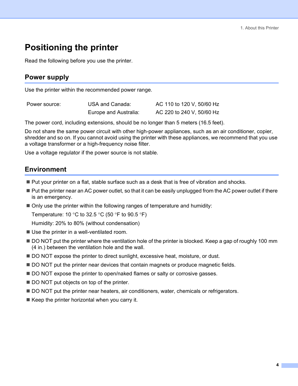 Positioning the printer, Power supply, Environment | Power supply environment | Brother HL-5240 User Manual | Page 12 / 138