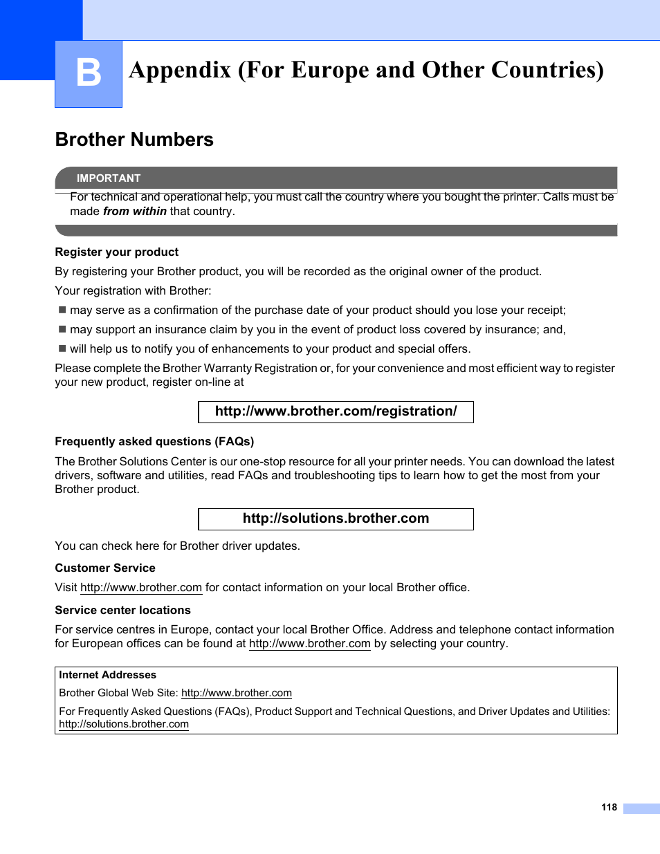 Appendix (for europe and other countries) b, Brother numbers, Appendix (for europe and other countries) | Brother HL-5240 User Manual | Page 126 / 138
