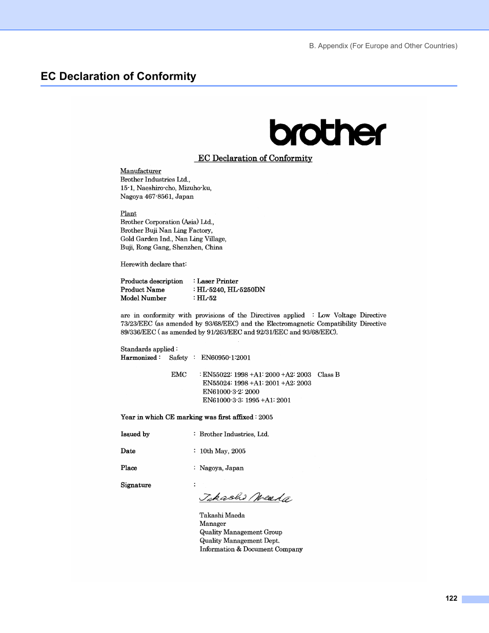Ec declaration of conformity | Brother HL-5240 User Manual | Page 130 / 138