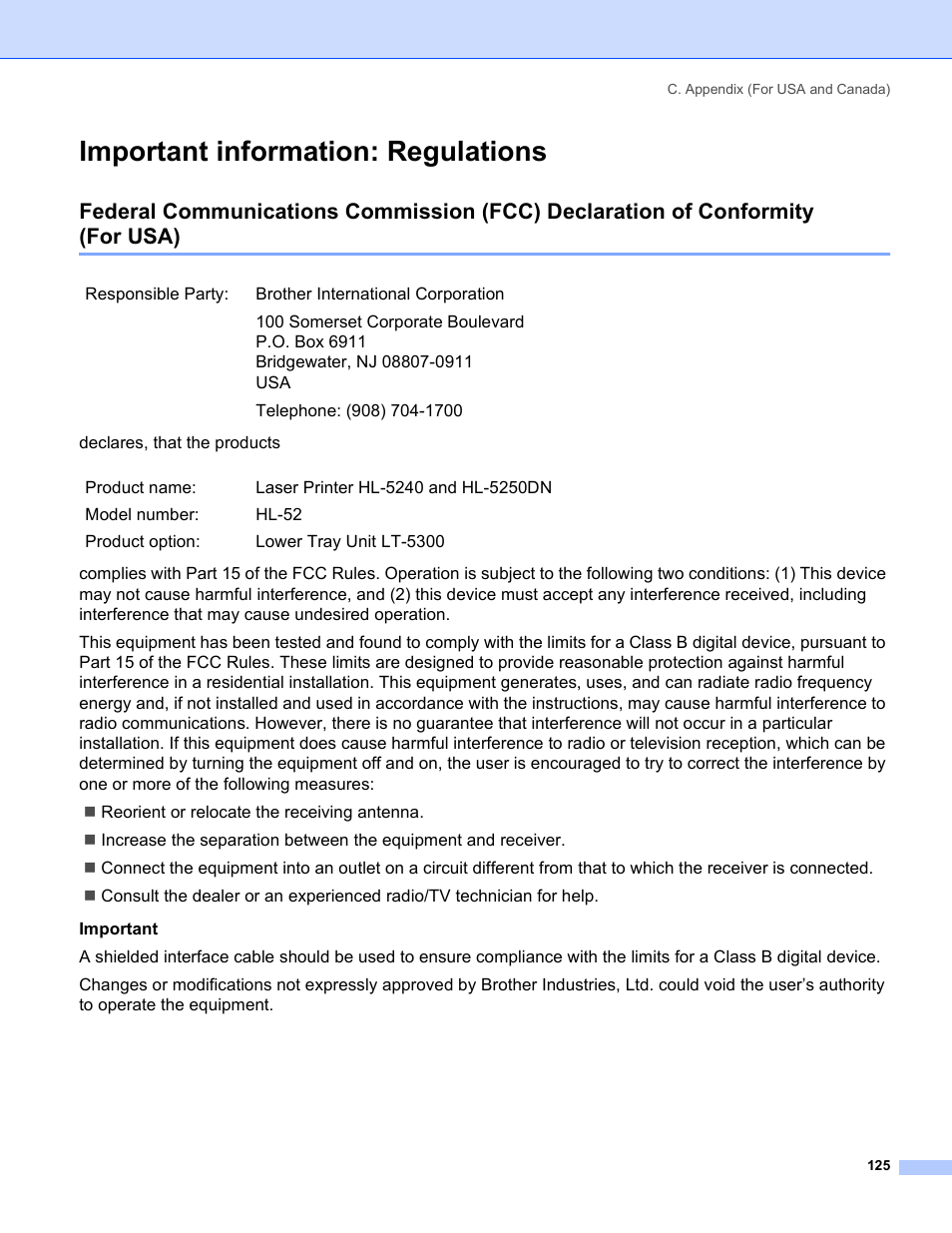 Important information: regulations, For usa) | Brother HL-5240 User Manual | Page 133 / 138