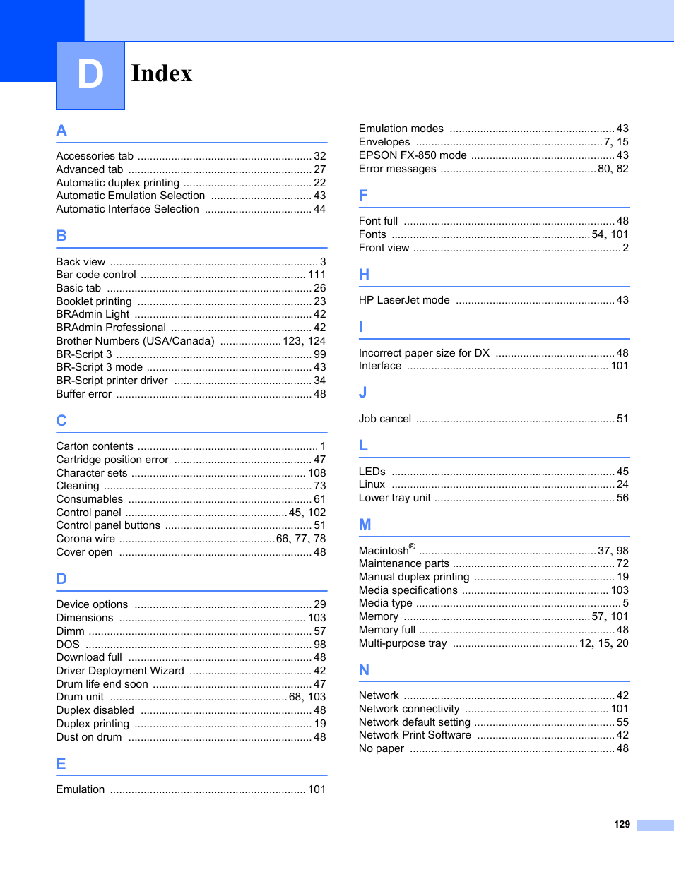 Index | Brother HL-5240 User Manual | Page 137 / 138