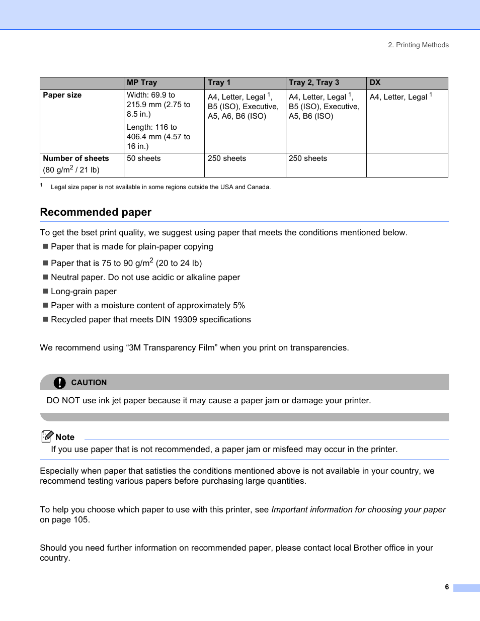 Recommended paper | Brother HL-5240 User Manual | Page 14 / 138