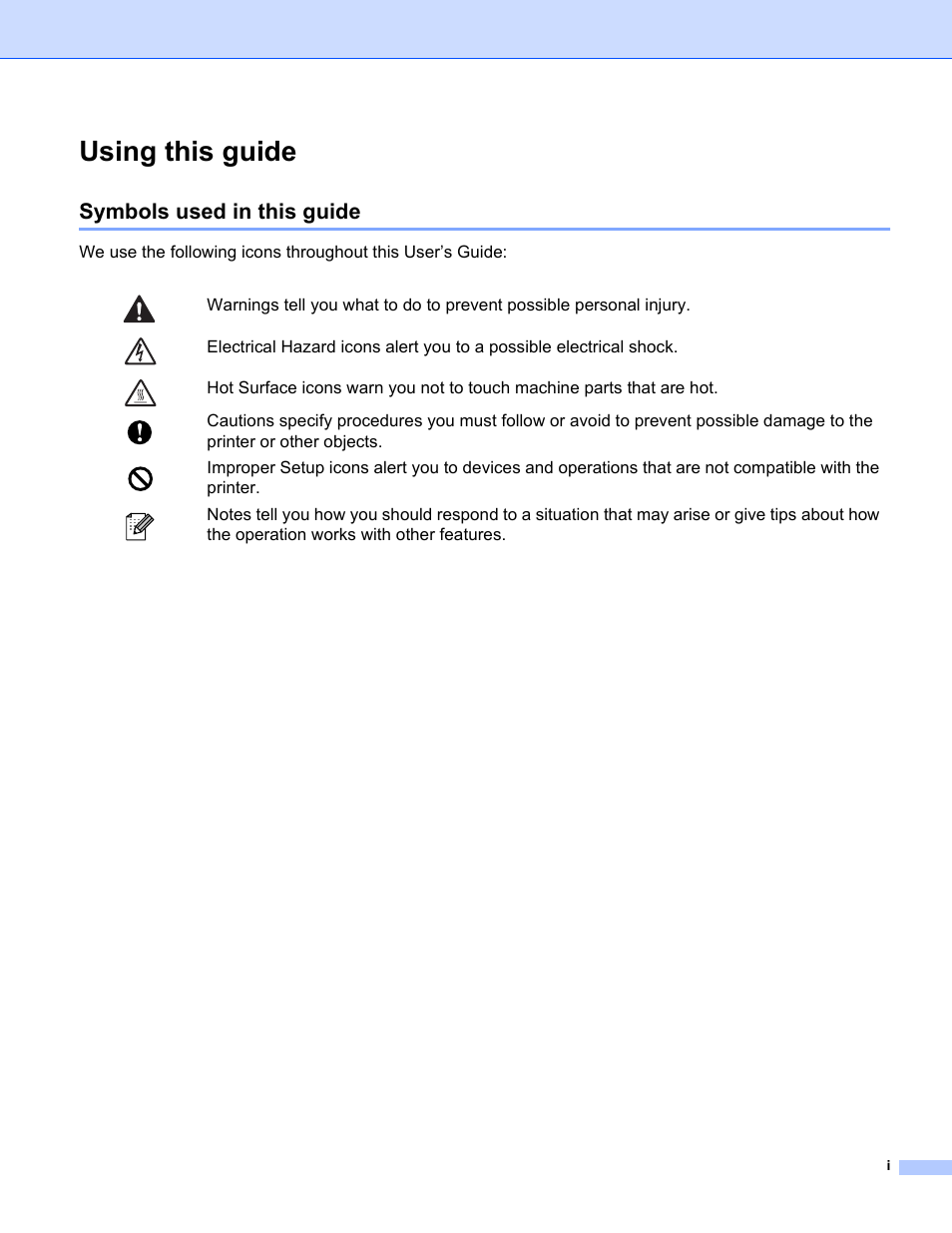 Using this guide, Symbols used in this guide | Brother HL-5240 User Manual | Page 2 / 138