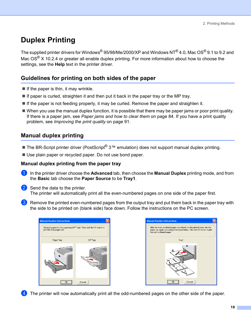 Duplex printing, Guidelines for printing on both sides of the paper, Manual duplex printing | Manual duplex printing from the paper tray | Brother HL-5240 User Manual | Page 27 / 138