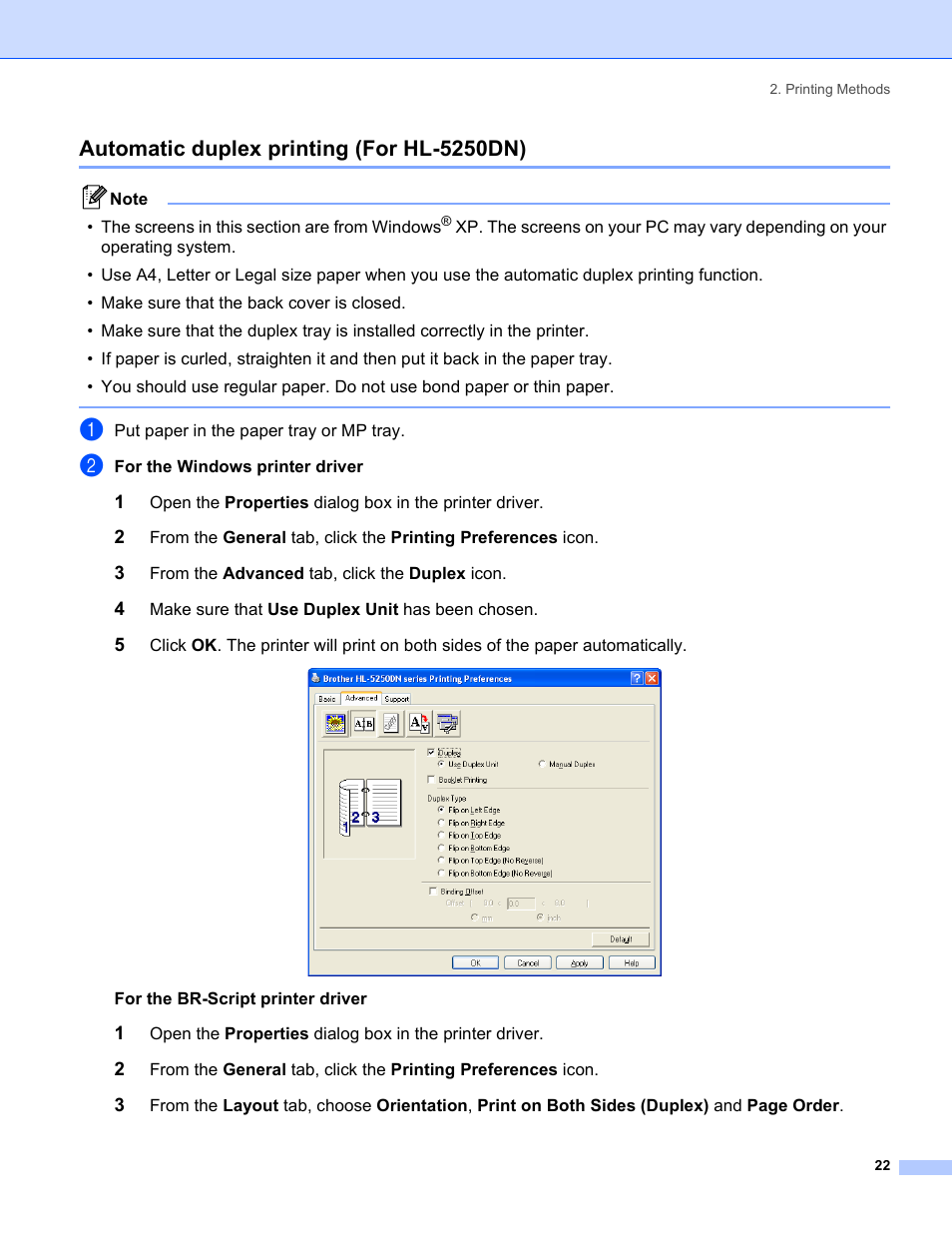 Automatic duplex printing (for hl-5250dn) | Brother HL-5240 User Manual | Page 30 / 138