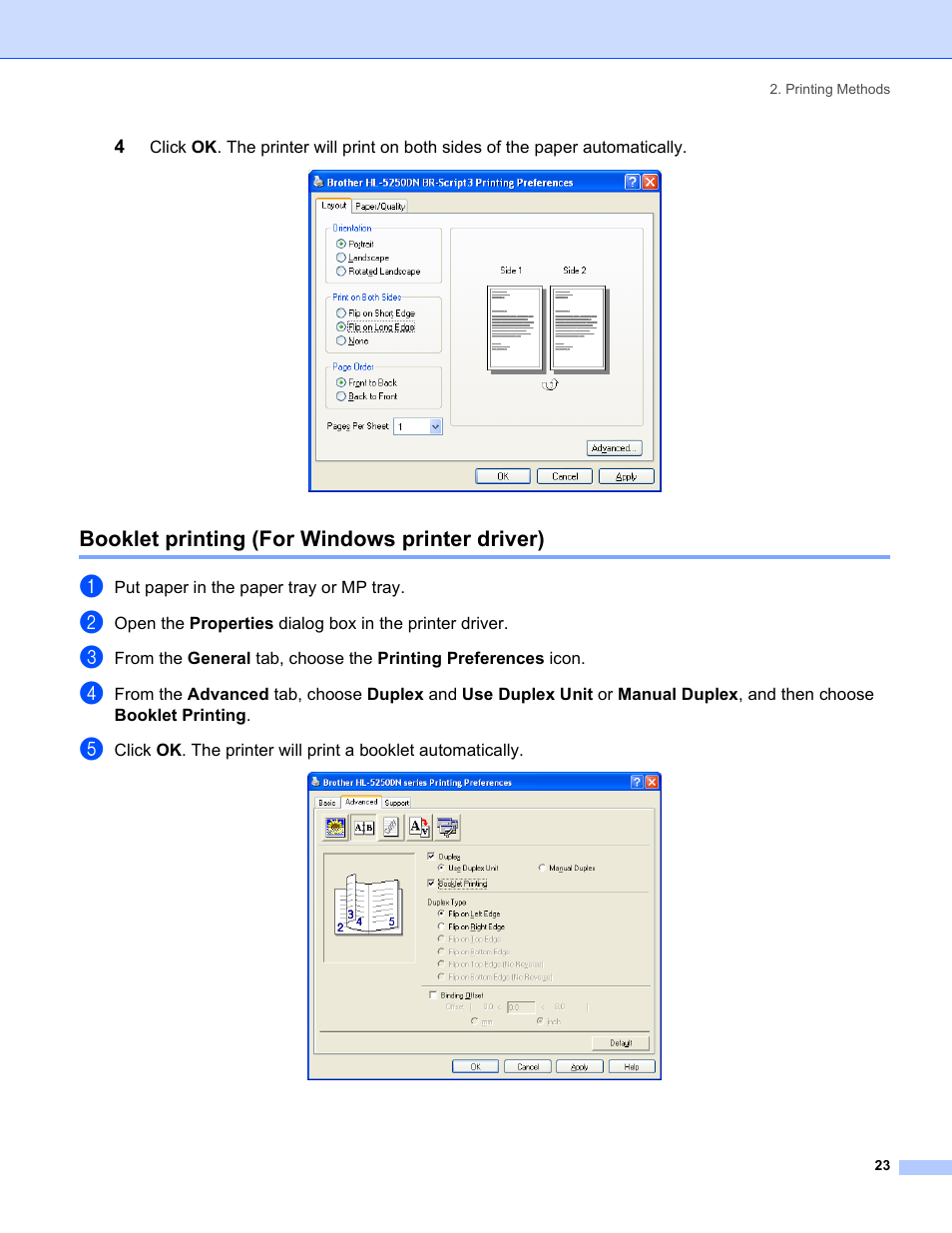 Booklet printing (for windows printer driver) | Brother HL-5240 User Manual | Page 31 / 138