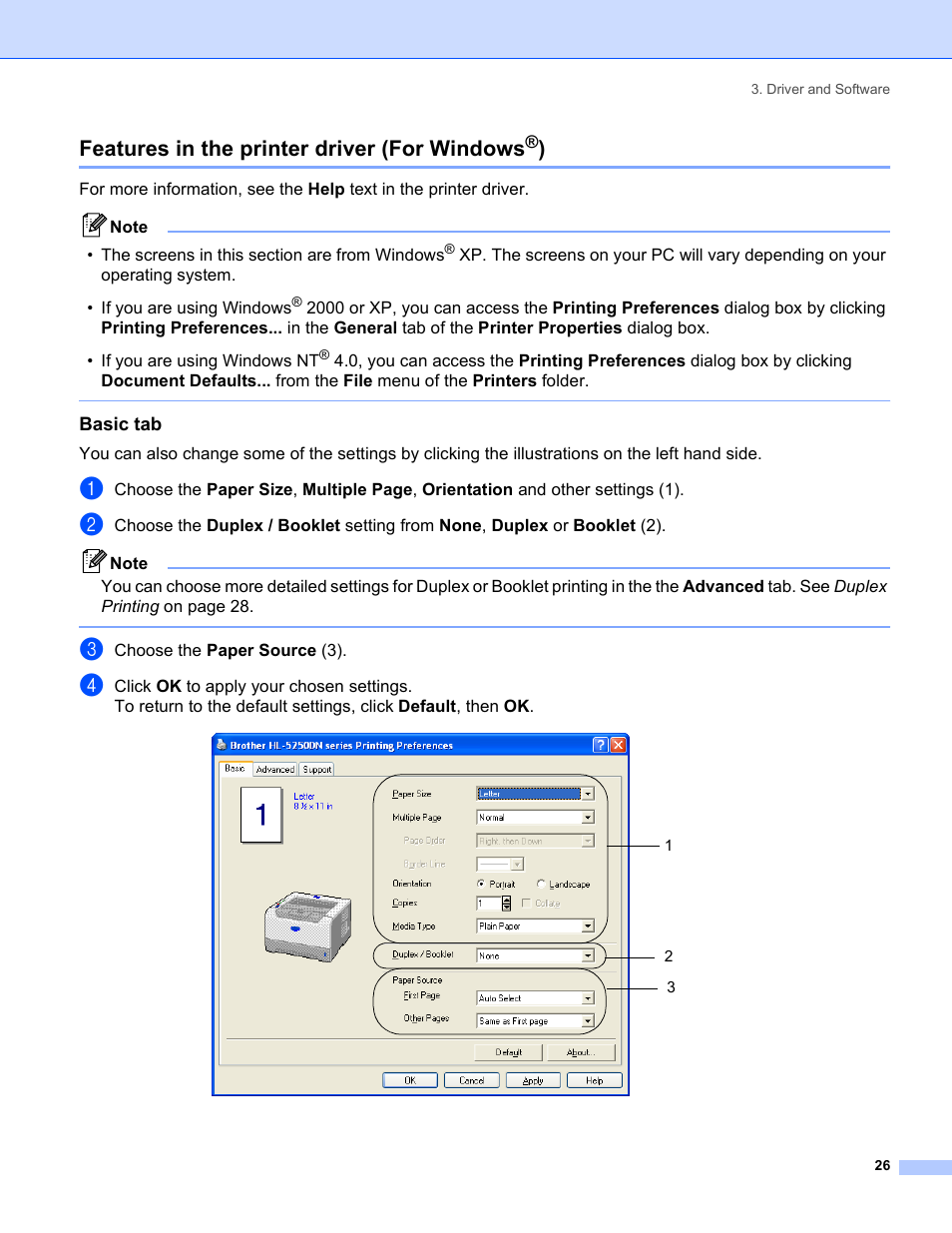 Features in the printer driver (for windows®), Basic tab, Features in the printer driver (for windows | Brother HL-5240 User Manual | Page 34 / 138