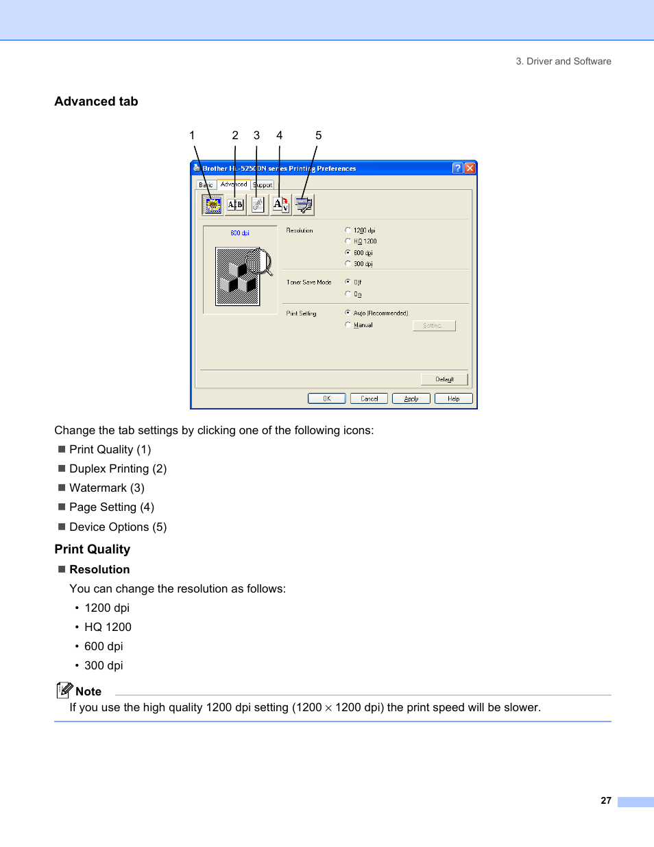 Advanced tab, Print quality | Brother HL-5240 User Manual | Page 35 / 138
