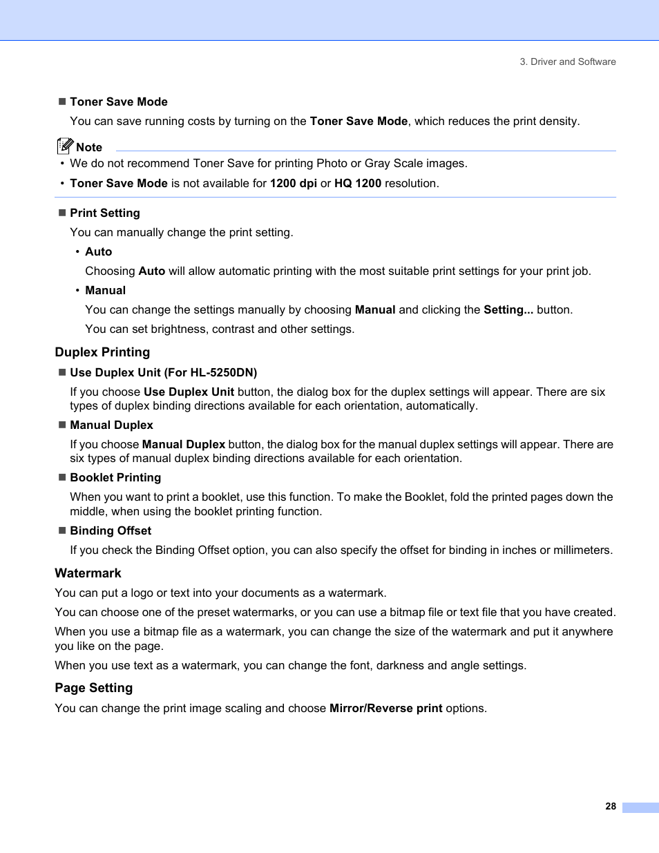 Duplex printing, Watermark | Brother HL-5240 User Manual | Page 36 / 138