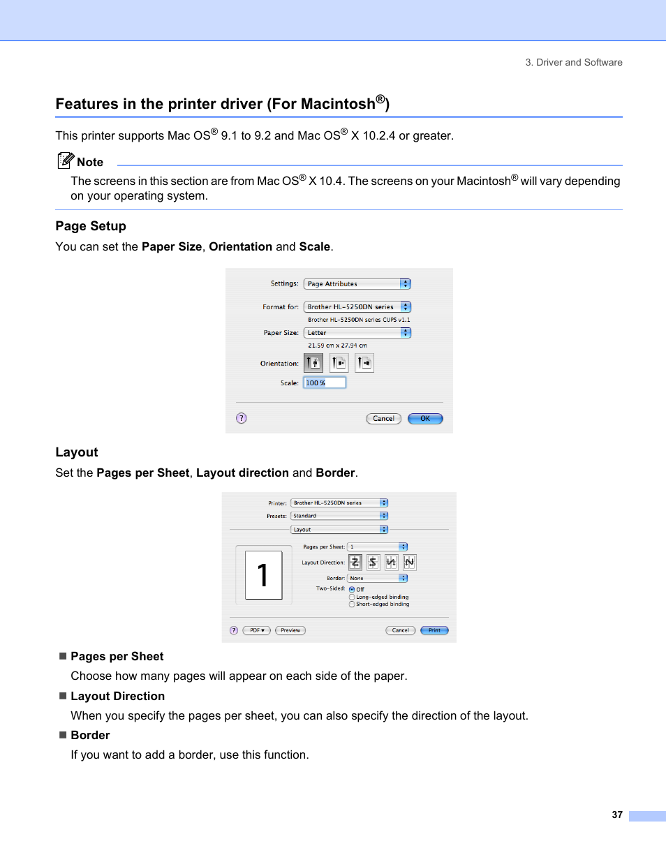 Features in the printer driver (for macintosh®), Layout, Features in the printer driver (for macintosh | Brother HL-5240 User Manual | Page 45 / 138