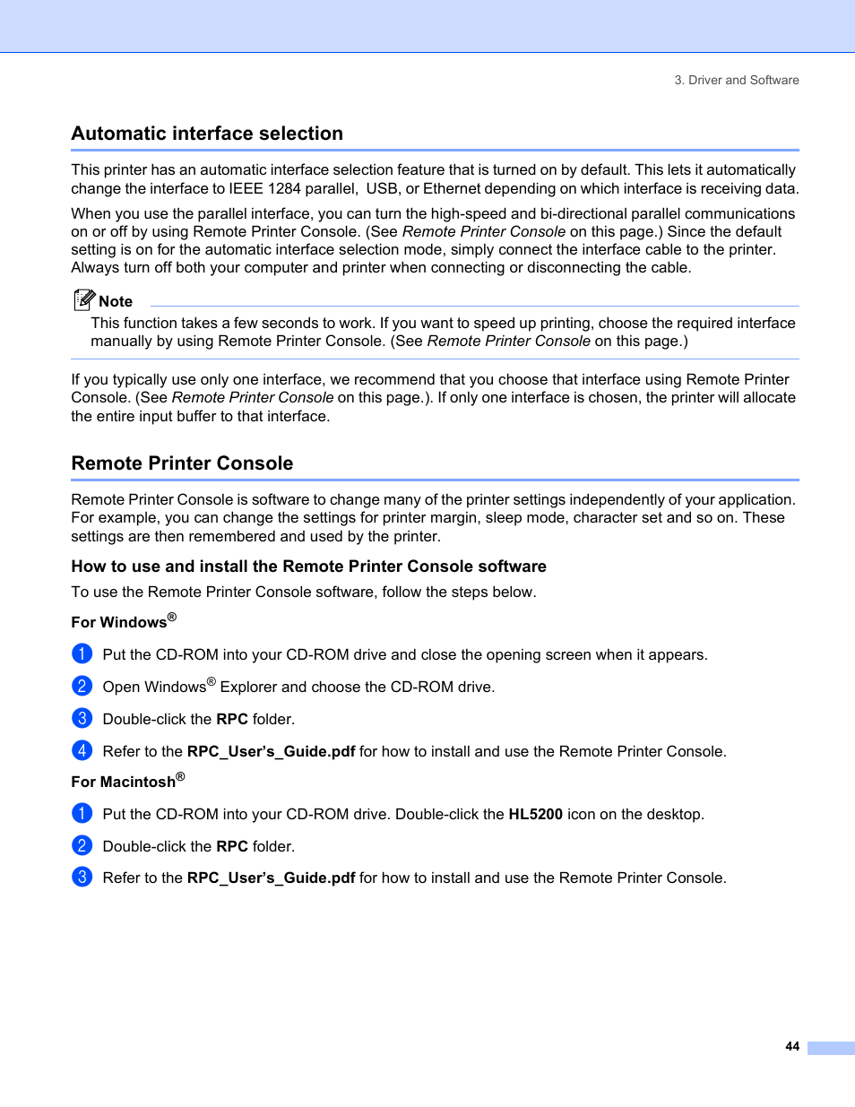 Automatic interface selection, Remote printer console | Brother HL-5240 User Manual | Page 52 / 138