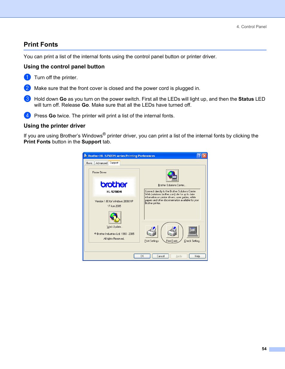 Print fonts, Using the control panel button, Using the printer driver | Brother HL-5240 User Manual | Page 62 / 138